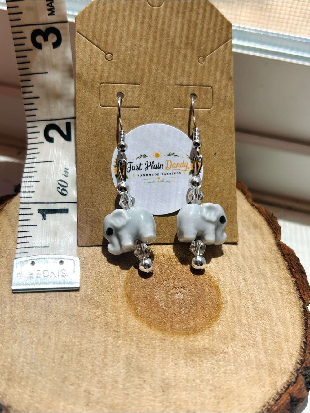 White Elephant Beaded Dangle Earrings Handmade Animal Jewelry Cute Boho Earrings - Picture 4 of 4